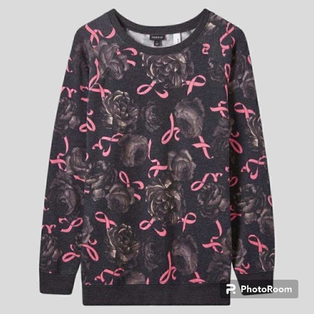 4X 26W Torrid Grey Pink Ribbon Cozy Fleece Sweatshirt Breast Cancer Awareness ri